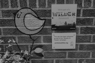 Fark's characteristic bird on wall next to Wilder Portsmouth and Friends of the Earth plaques.