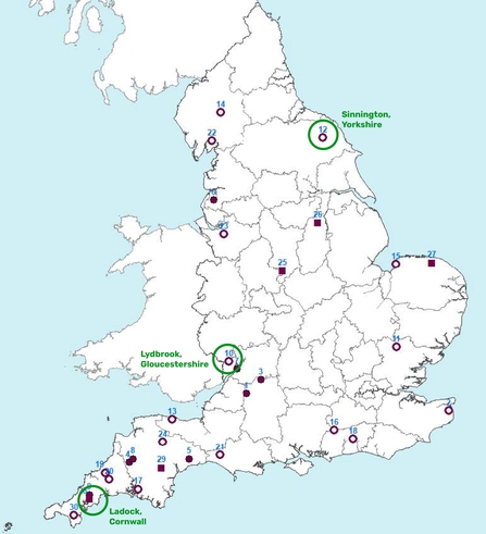 Map showing the location of known outdoor fenced enclosures with beavers in England during the period 2000 - 2021, with the three upstream enclosures above the villages of Ladock, Ladbrook and Sinnington highlighted. 