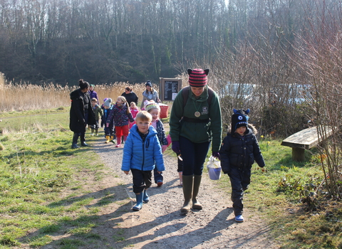 Redlands Year R group walking to a Forest School session at Swanwick Lakes Nature Reserve on 17th March 2016