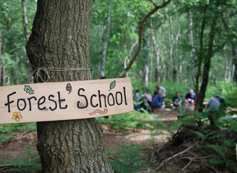 Forest School wooden plaque on tree with people in background