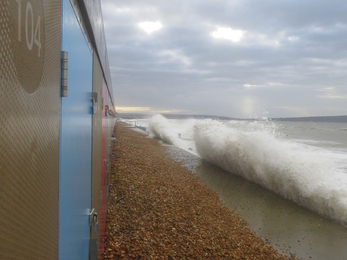 Beach huts at Milford On Sea the morning after Storm Ciara © Trudi Lloyd Williams