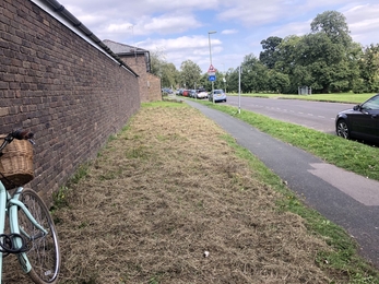 Stretch of pavement verge covered in hay ready for wildflower community plot