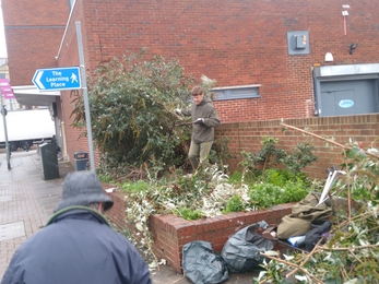 Volunteers standing in area of raised beds doing some gardening