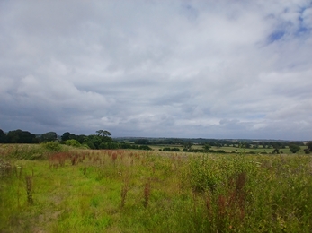 a wide angle view of a a field and the landscape beyond on a dull overcast day