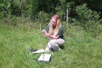 Trainee Ecologist Aggie Thompson conducting an Orthoptera survey