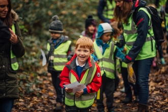 Children walking through woodland