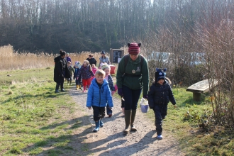 Redlands Year R group walking to a Forest School session at Swanwick Lakes Nature Reserve on 17th March 2016