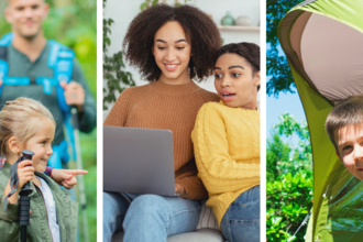 Three image panels. First image: two girls go hiking. Second image: Two image looking at computer. Third image: Boy peeping out of tent