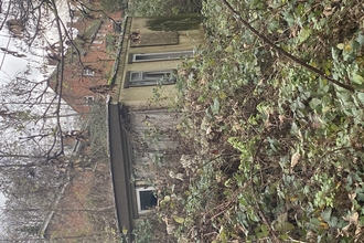 View of purvers patch - overgrown brambles and abandoned building