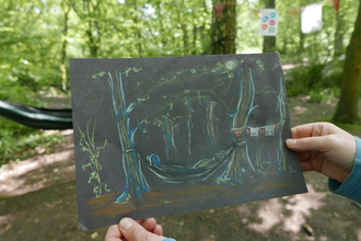 Pastel drawing of a woodland scene in the woods