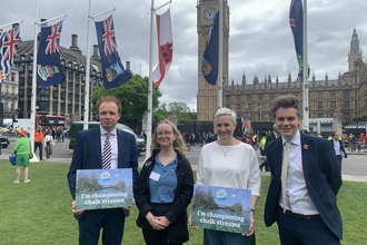 Standing up for chalk streams outside of Houses of Parliament