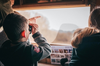 children bird watching from a hide