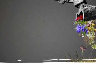 grey tone image with crane dumping wildflowers