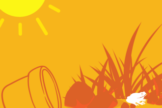 A graphic showing a bright sun in the corner, a plant pot on its side next to long grass and rocks. A frog is sat in the long grass. It depicts a messier garden
