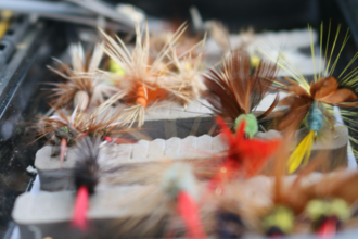various flyfishing lures in a case