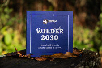 a blue booklet titled 'Wilder 2030' standing upright on a wooden bench with autumn leaves 