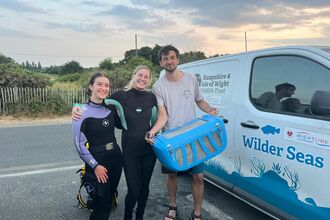 2 women in wetsuits and 1 man holding a blue basket posing for a group photo. They are next to a Hampshire & Isle of Wight Wildlife Trust branded van at sunset