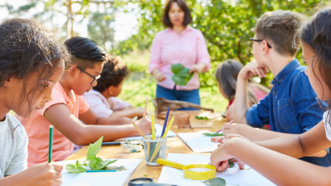 children in group outside studying nature