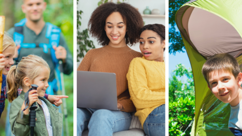 Three image panels. First image: two girls go hiking. Second image: Two image looking at computer. Third image: Boy peeping out of tent