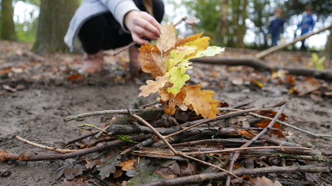 Building a pretend campfire using sticks and leaves.