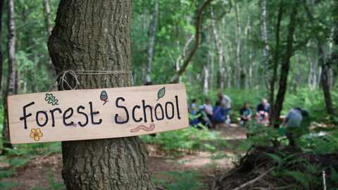 Forest School wooden plaque on tree with people in background