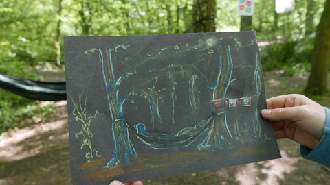 Pastel drawing of a woodland scene in the woods