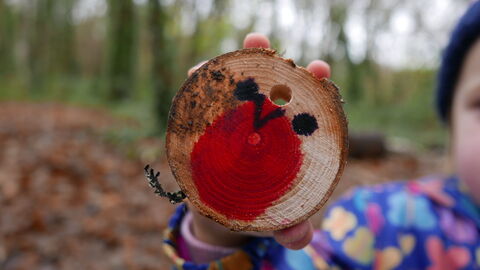 Log slice decorated like a Robin