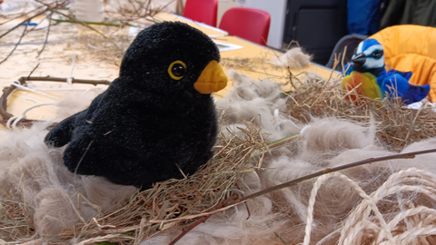 A toy bird sat on a nesting ring.