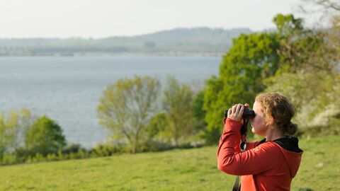 Young woman birdwatching at Rutland Water