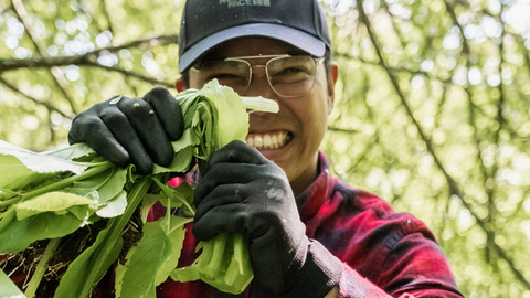 A person in a red plaid shirt and glasses stands outdoors, smiling and holding large green leaves. They wear a black cap with "The North Face" logo and black gloves. Trees with abundant foliage are in the background.