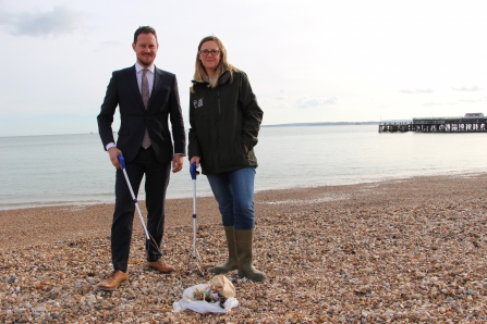 Stephen Morgan MP and Debbie Tann doing a beach clean on Southsea beach