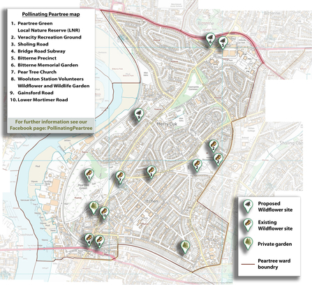 Map of Peartree ward in Southampton with pins showing areas that have been identified as key areas for pollination.