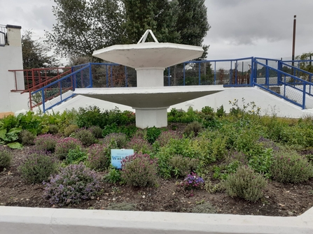 Three tiered water fountain now disused, is covered in plants