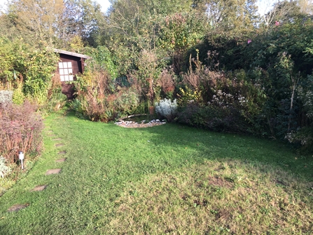 View of garden with mown round meadow in middle. Many plants on the borders of the garden and a stepping stone path leads to a summer house.