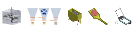 From left to right: designs of the funnel, vortex, wheelbarrow, paperpot and mud cart.