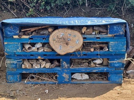 Blue pallets stacked on top of each other with stick, logs, straw. Round wooden sign on front saying 'bug hotel'