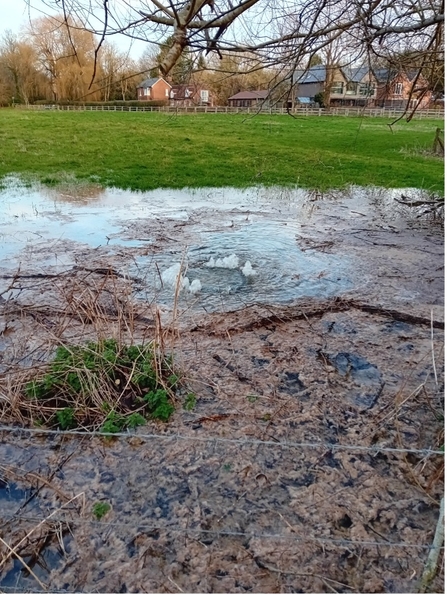 Manhole cover with sewage spilling out into river and surrounding land