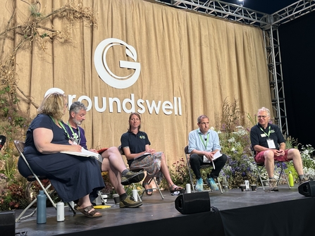 Five people sat on a stage speaking. Pale brown curtain behind them with a white Groundswell logo