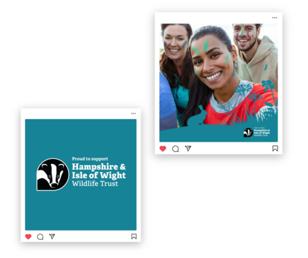 Mock up social media posts to illustrate templates. One image is in the style of instagram and contains the logo. The other again looks like the social media platform instagram but contains woman with face paint on in a frame that is illustrated with silhouette of wildlife.