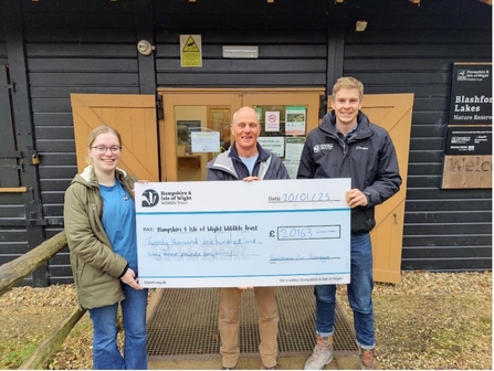 three people standing in front of a wooden building holding a large cheque for £2016