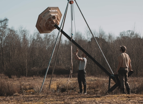 Swift and house martin tower being installed at Blashford Lakes Nature Reserve 