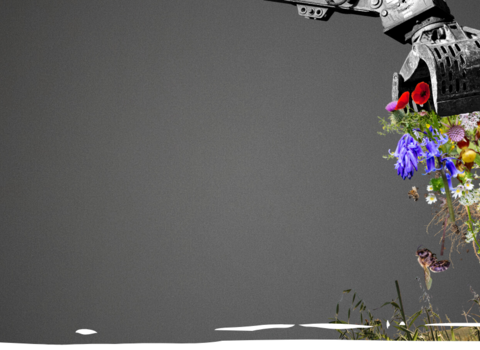 grey tone image with crane dumping wildflowers