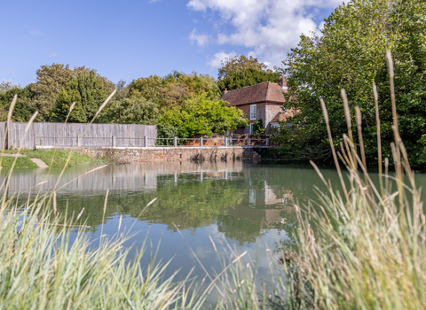 A body of water with a brick building in the near background on a sunny day 